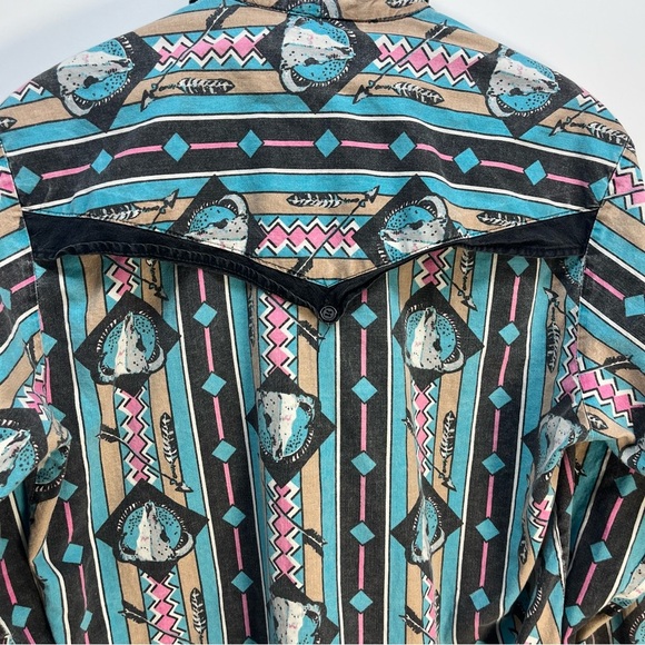Vtg Dakota Sunset Southwest Bison Skull Rodeo Button Up Long Sleeve Shirt Sz M - Picture 8 of 9